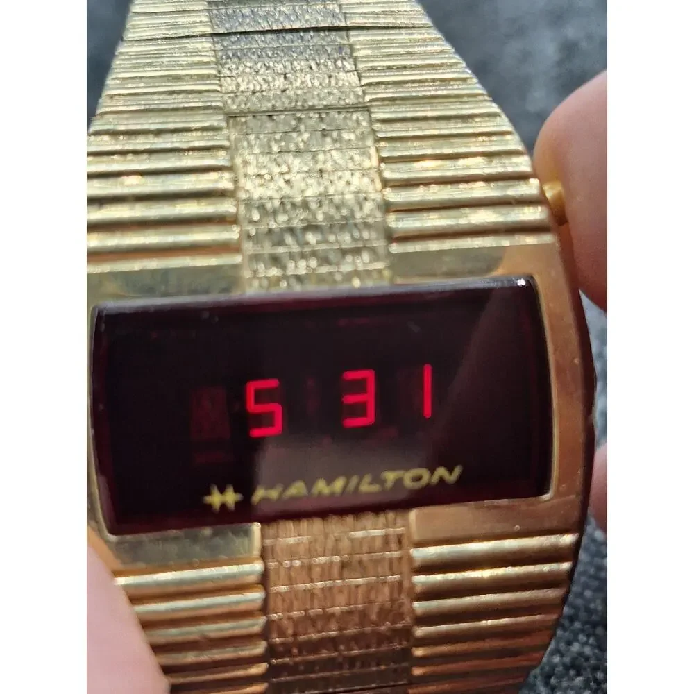 Hamilton QED LED Digital Watch 993276 Working 865 10K Gold Overlay Bark Bracelet